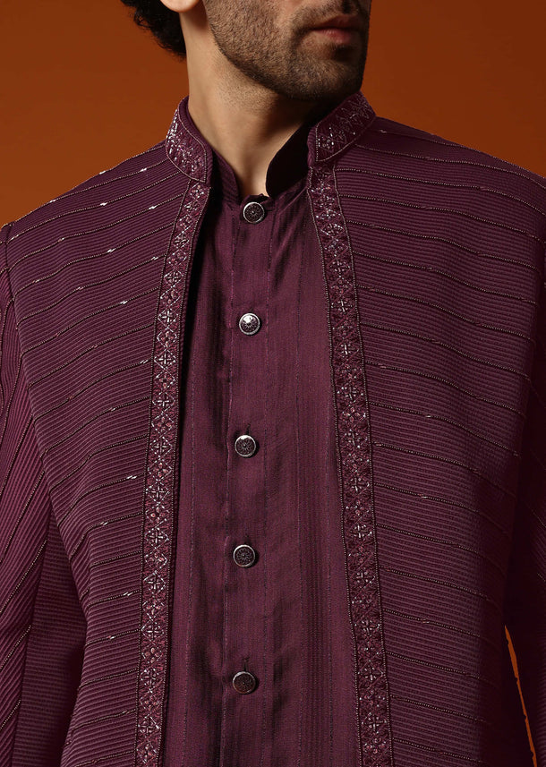 Wine Cutdana Embroidered Sherwani Set For Men