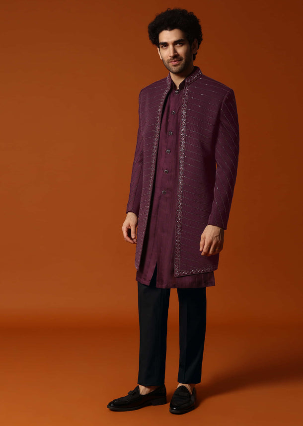 Wine Cutdana Embroidered Sherwani Set For Men