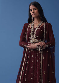Wine Embroidered Indowestern Dress And Cape In Georgette