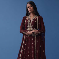 Wine Embroidered Indowestern Dress And Cape In Georgette