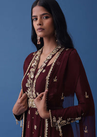 Wine Embroidered Indowestern Dress And Cape In Georgette