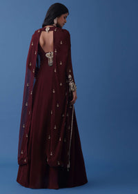 Wine Embroidered Indowestern Dress And Cape In Georgette
