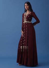 Wine Embroidered Indowestern Dress And Cape In Georgette