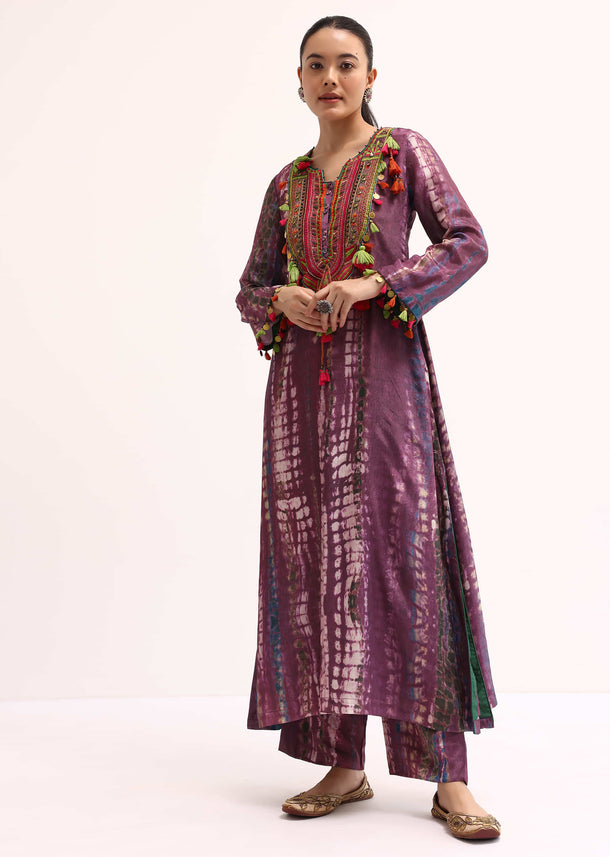 Wine Embroidered Crepe Kurta And Pant