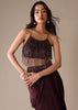 Wine Embroidered Drape Skirt And Blouse Set In Crepe