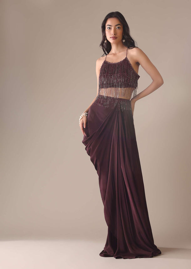 Wine Embroidered Drape Skirt And Blouse Set In Crepe