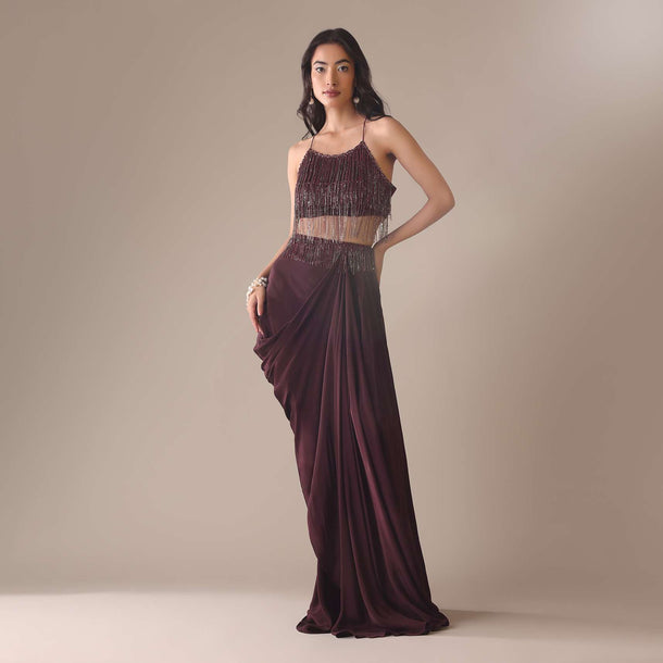 Wine Embroidered Drape Skirt And Blouse Set In Crepe