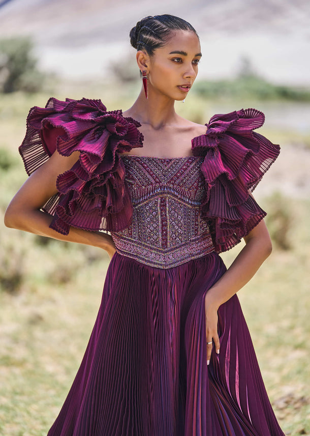 Wine Embroidered Flared Pleated Gown With Ruffle Sleeves