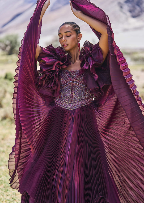 Wine Embroidered Flared Pleated Gown With Ruffle Sleeves