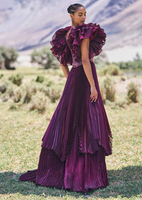 Wine Embroidered Flared Pleated Gown With Ruffle Sleeves