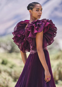 Wine Embroidered Flared Pleated Gown With Ruffle Sleeves