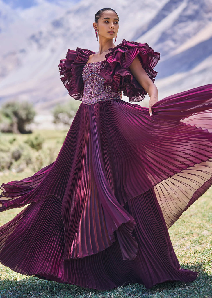 Wine Embroidered Flared Pleated Gown With Ruffle Sleeves