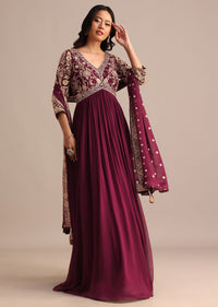 Wine Embroidered Georgette Anarkali Suit