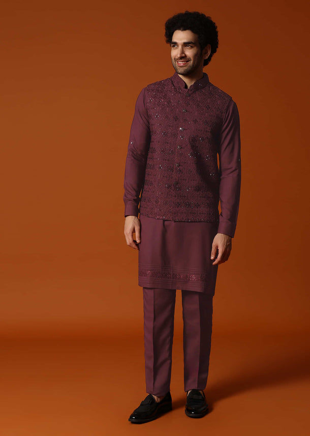 Wine Embroidered Kurta Jacket Set For Men