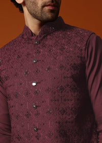 Wine Embroidered Kurta Jacket Set For Men