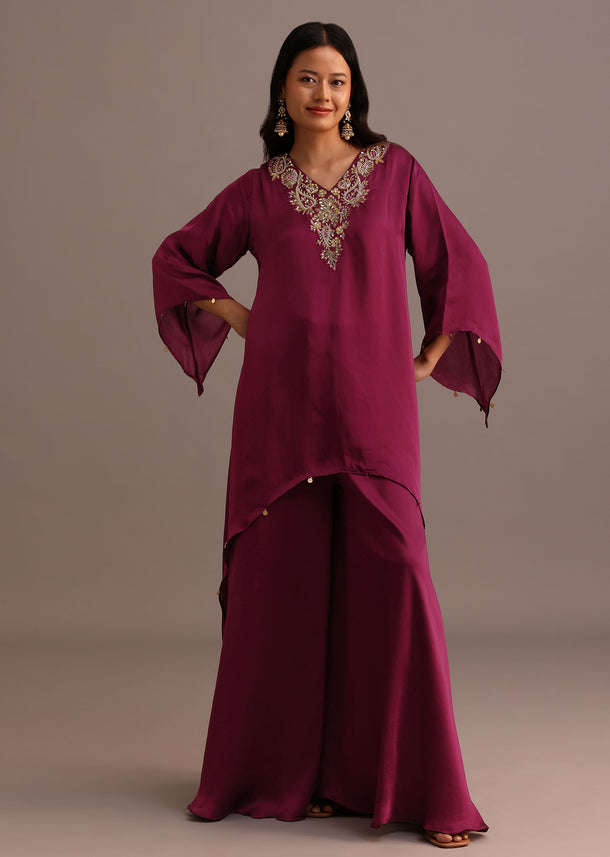 Wine Embroidered Kurta Palazzo Suit