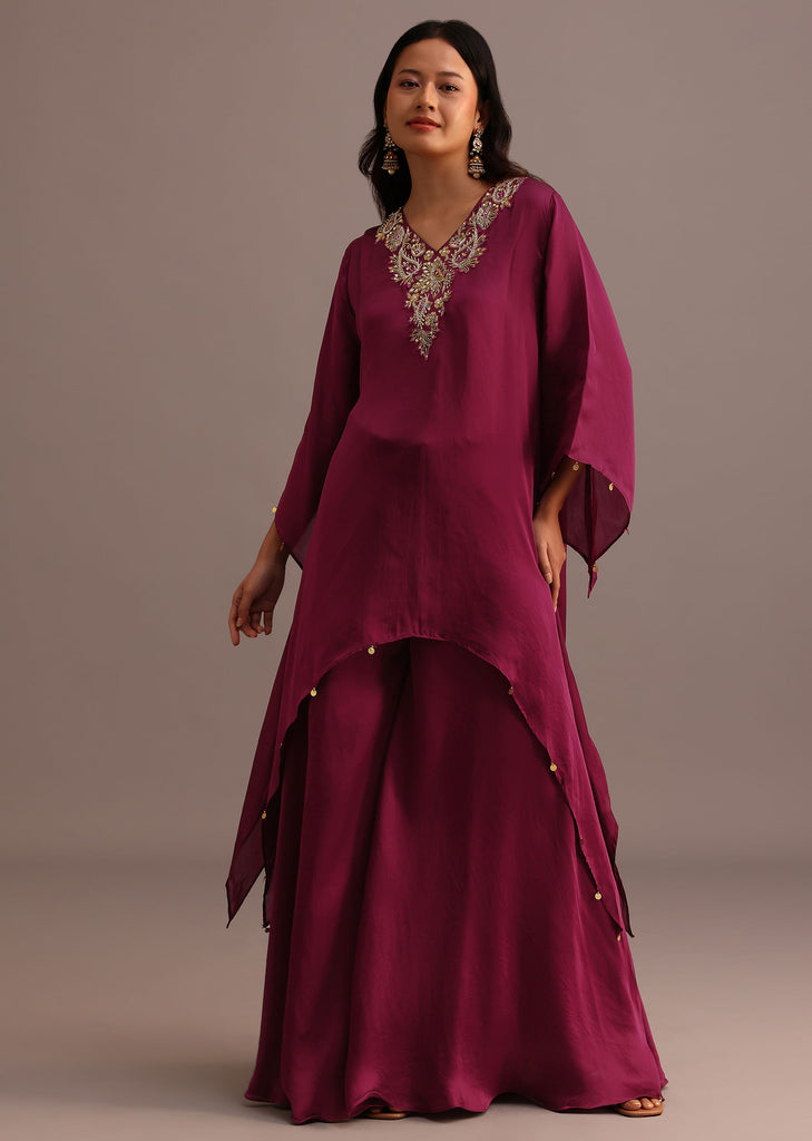 Wine Embroidered Kurta Palazzo Suit