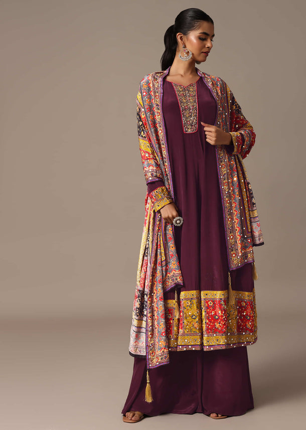 Wine Embroidered Kurta Palazzo Set With Mirror Work Dupatta