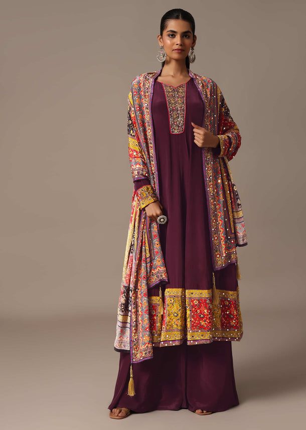 Wine Embroidered Kurta Palazzo Set With Mirror Work Dupatta