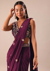 Wine Embroidered Pre Stitched Saree With Blouse