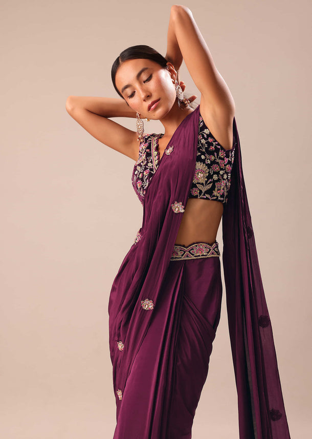 Wine Embroidered Pre Stitched Saree With Blouse