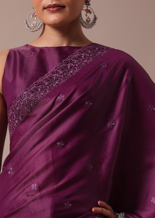 Wine Embroidered Tussar Saree With Unstitched Blouse