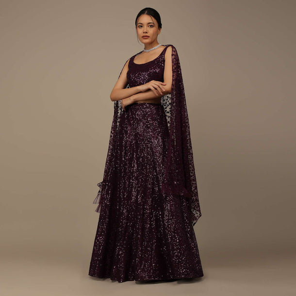 Wine Festive Sequins Embroidered Lehenga Set In Raschel Net Fabric