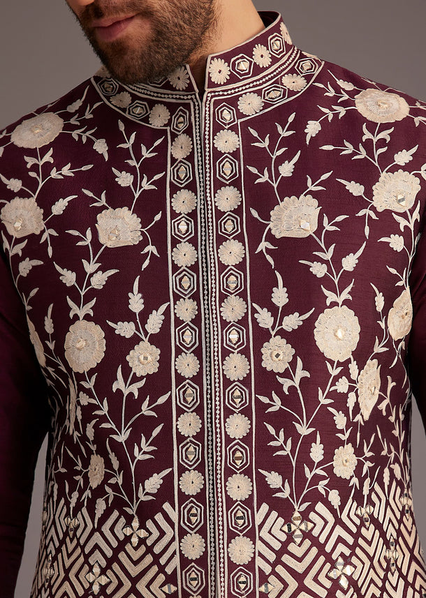 Wine Floral Embroidered Jacket Kurta Set