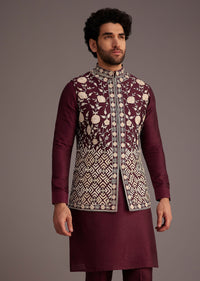 Wine Floral Embroidered Jacket Kurta Set