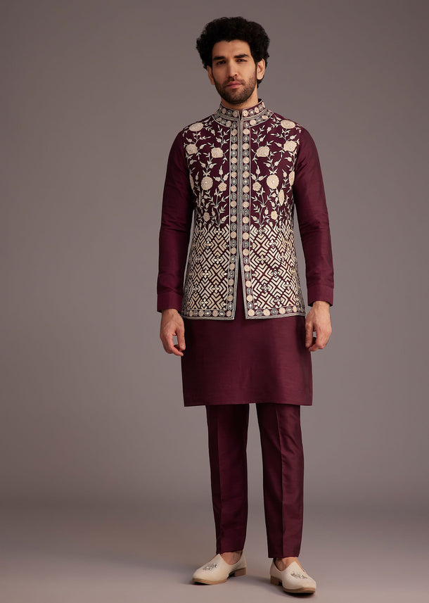 Wine Floral Embroidered Jacket Kurta Set