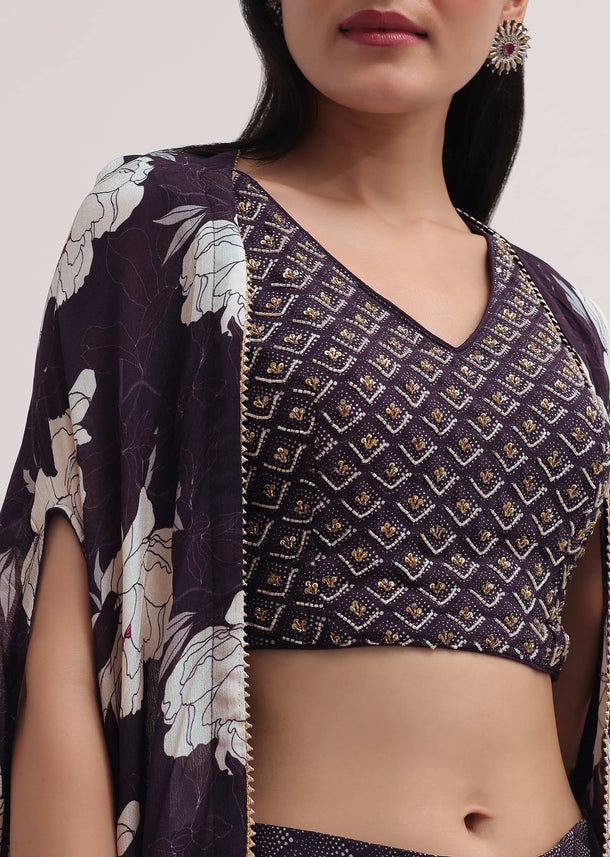 Wine Georgette Croptop And Sharara With Printed Jacket