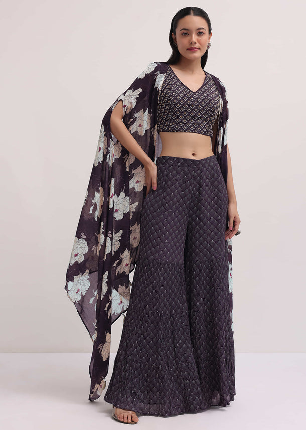 Wine Georgette Croptop And Sharara With Printed Jacket