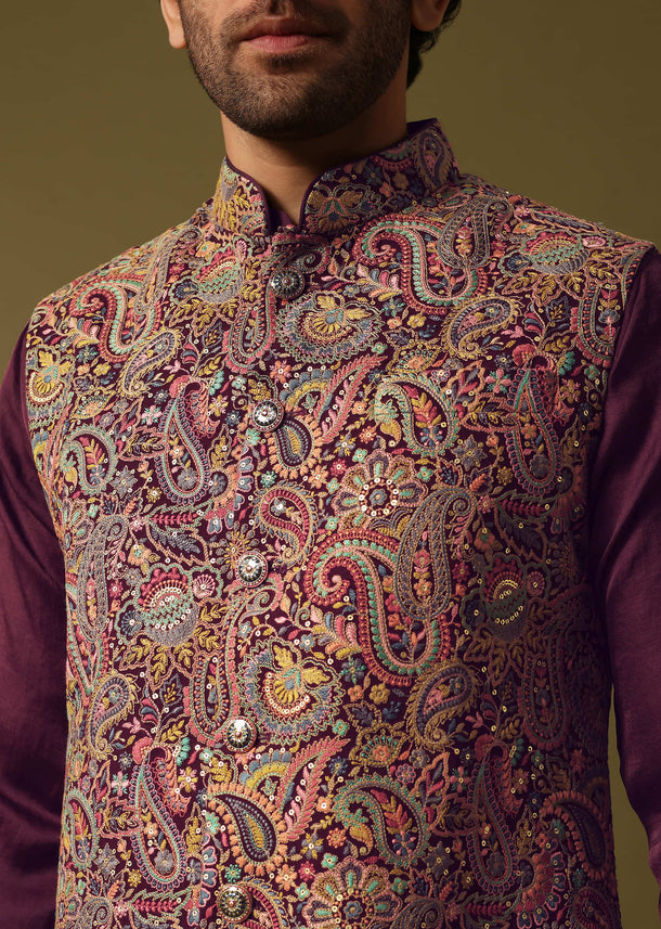 Wine Georgette Kurta Jacket Set With Resham Work For Men