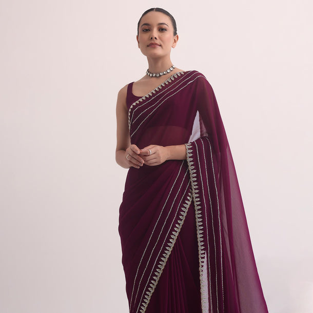 Wine Georgette Saree In Cutdana Embroidery With Unstitched Blouse
