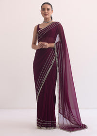Wine Georgette Saree In Cutdana Embroidery With Unstitched Blouse