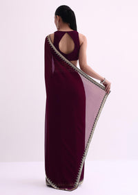 Wine Georgette Saree With Cutdana Work Border And Unstitched Blouse Fabric