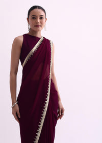 Wine Georgette Saree With Cutdana Work Border And Unstitched Blouse Fabric