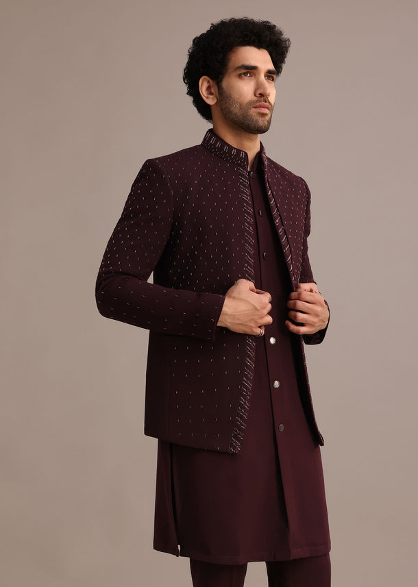 Wine Hand Embroidered Jodhpuri Kurta Set