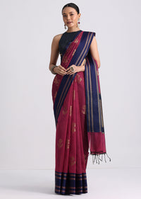 Wine Handloom Silk Saree With Embroidered Butti