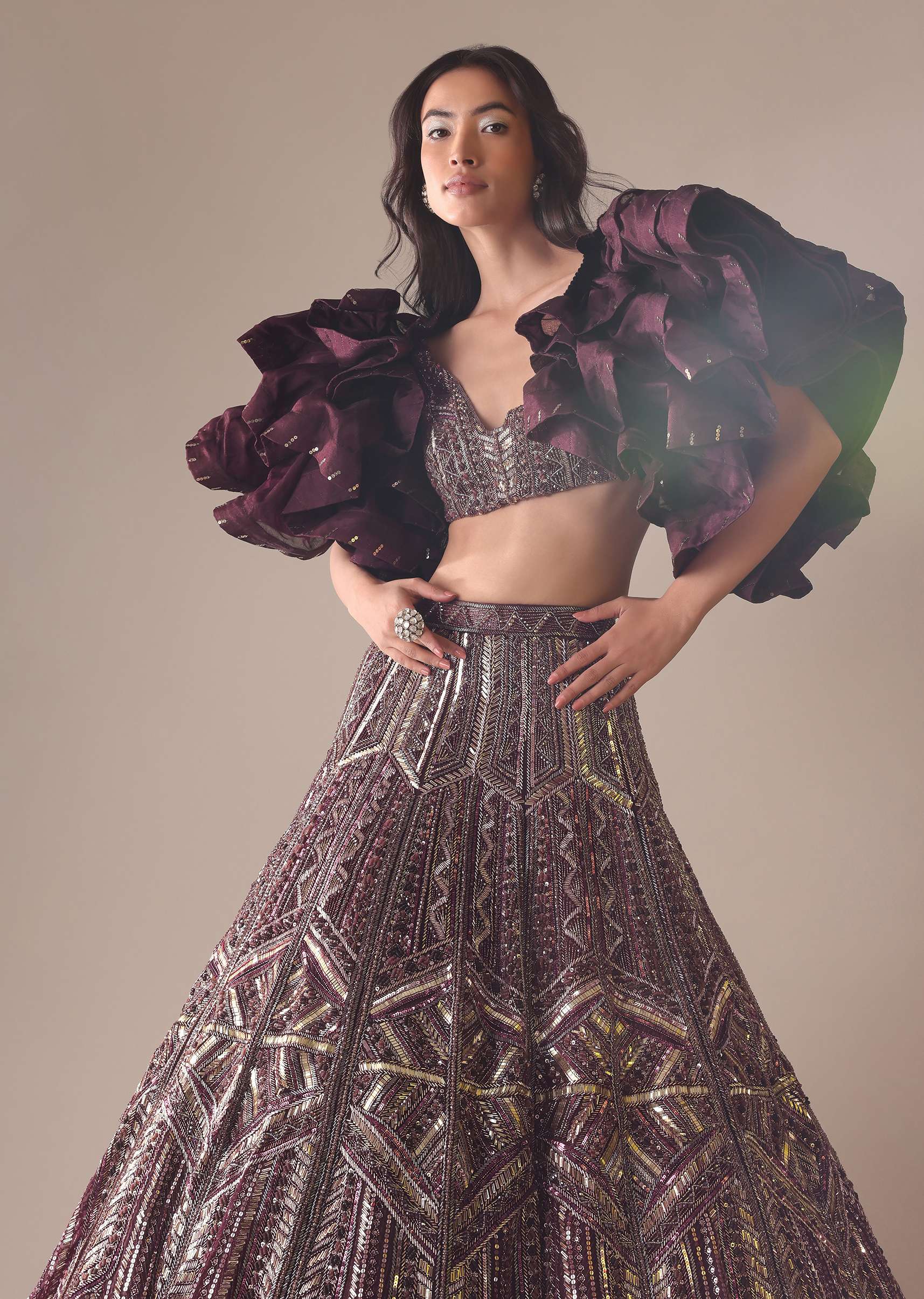 Wine Heavy Embroidered Bridal Lehenga With Long Ruffle Sleeves