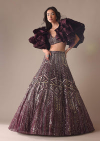 Wine Heavy Embroidered Bridal Lehenga With Long Ruffle Sleeves