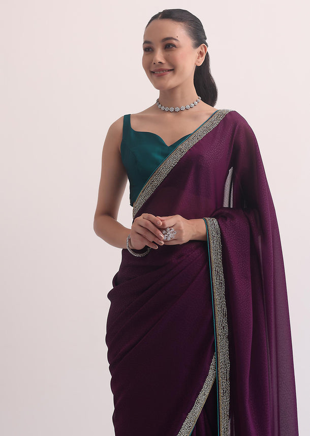 Wine Jacquard Saree In Stone Embroidery With Unstitched Blouse