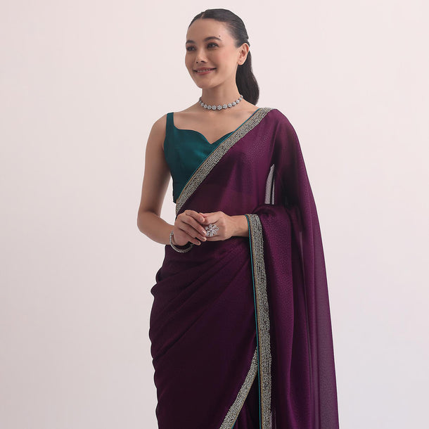 Wine Jacquard Saree In Stone Embroidery With Unstitched Blouse