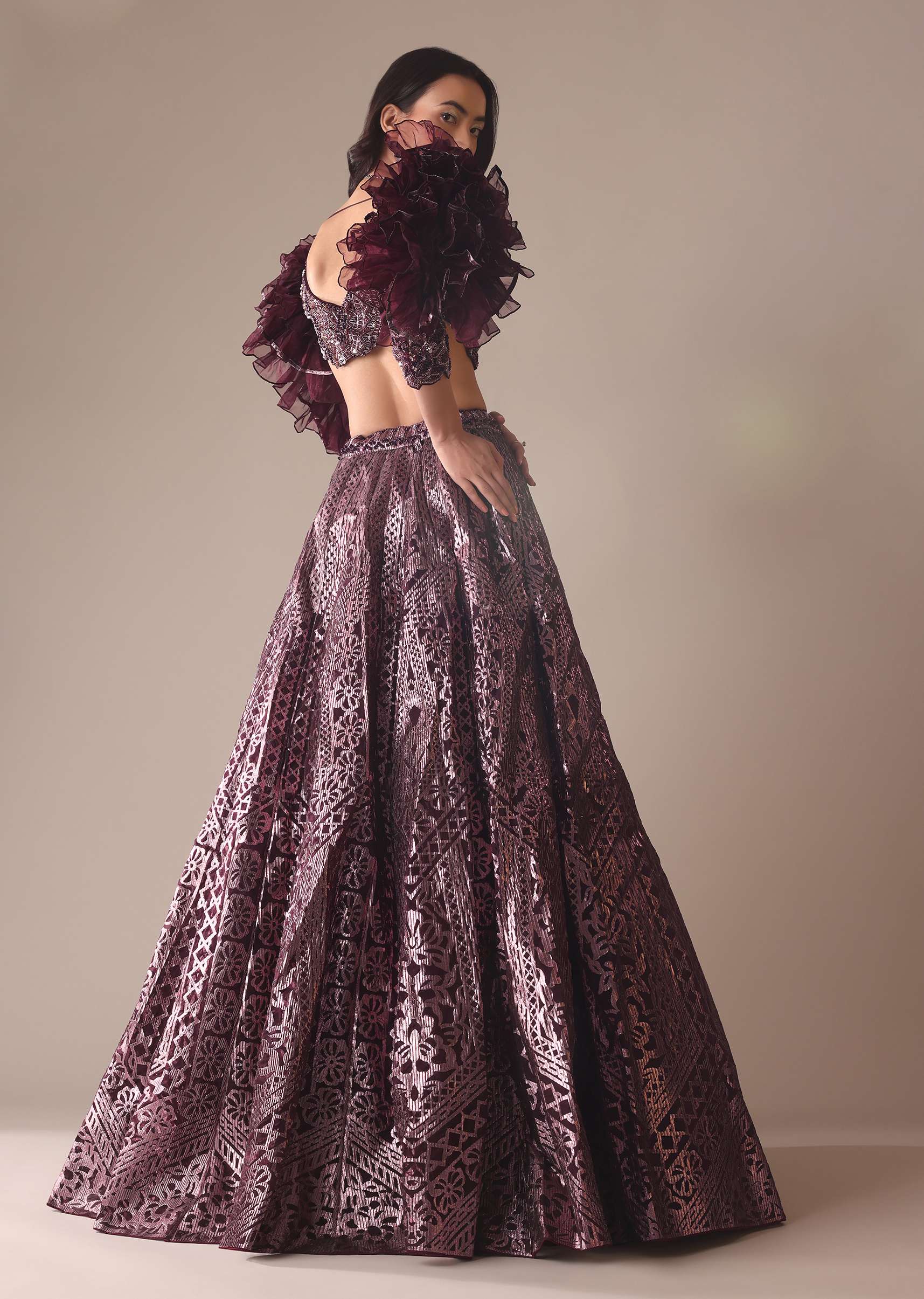 Wine Laser Cut Bridal Lehenga WIth Big Ruffle Sleeves