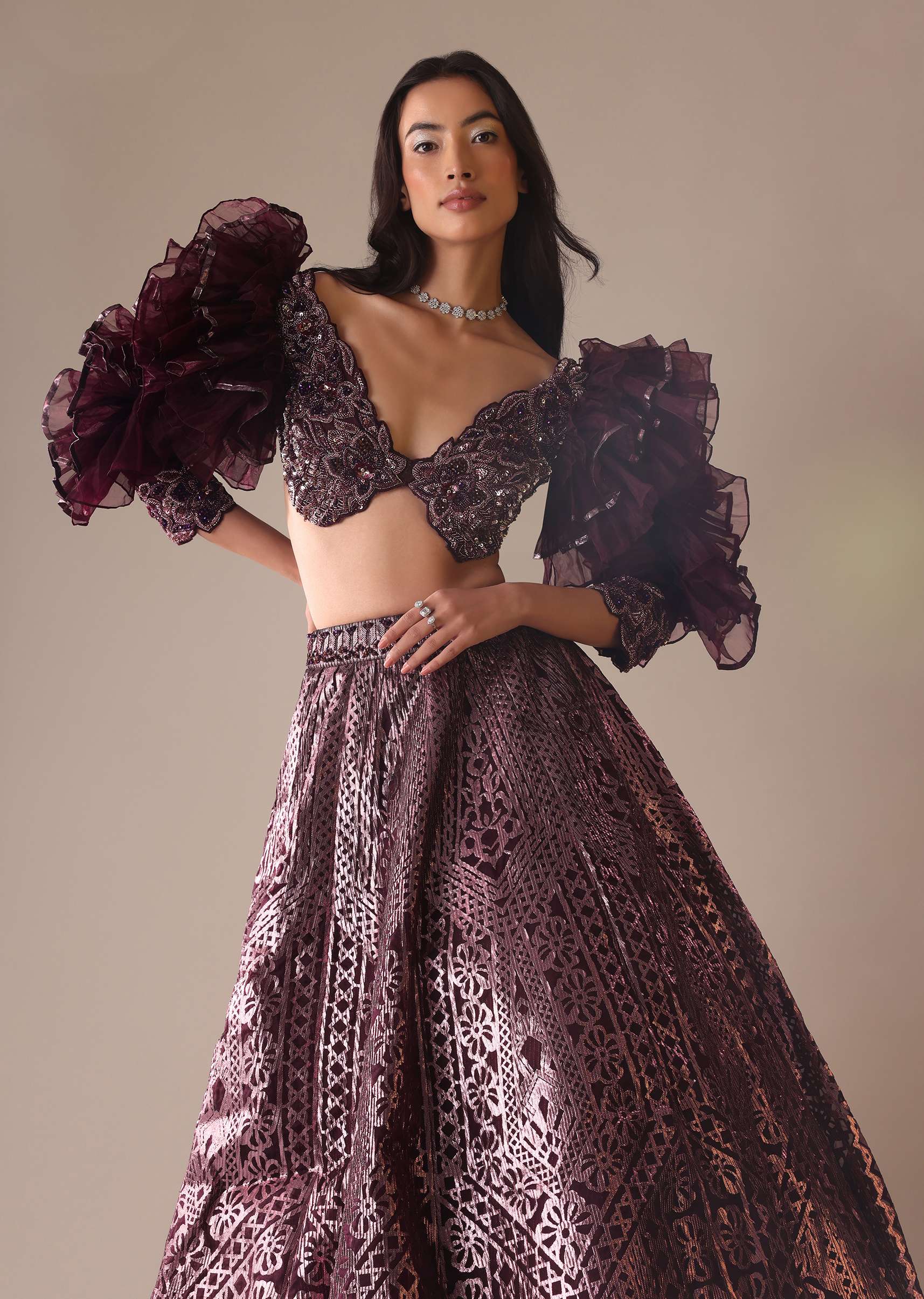 Wine Laser Cut Bridal Lehenga WIth Big Ruffle Sleeves