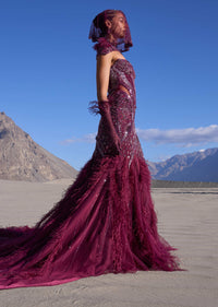 Wine Mermaid Feather Trail Gown With Embroidered Gloves And Veil