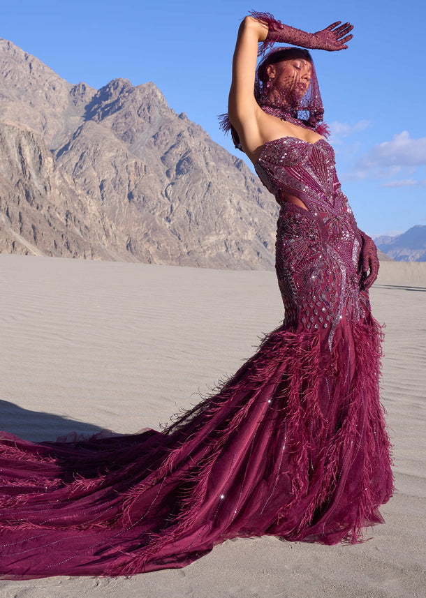 Wine Mermaid Feather Trail Gown With Embroidered Gloves And Veil