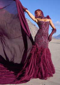 Wine Mermaid Feather Trail Gown With Embroidered Gloves And Veil