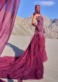 Wine Mermaid Feather Trail Gown With Embroidered Gloves And Veil