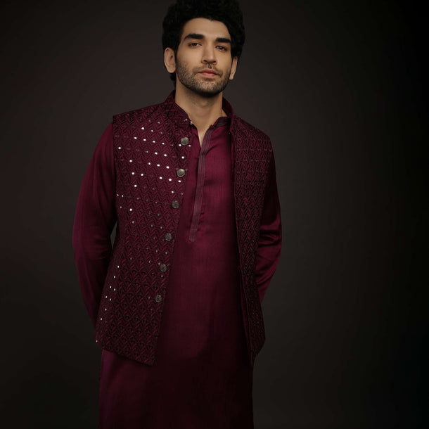 Wine Nehru Jacket Set In Raw Silk With Resham And Mirror Embroidered Geometric Jaal And Aligarh Pants